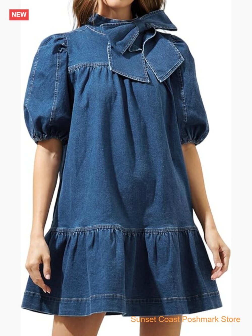 Women's Summer Puff Short Sleeve Denim Babydoll Dress with Bow Mock Neck